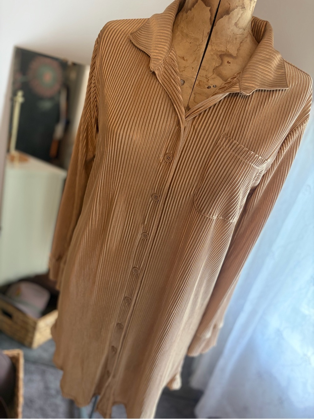 Metallic Pleated Button Down Shirt Dress by Jolie and Joy